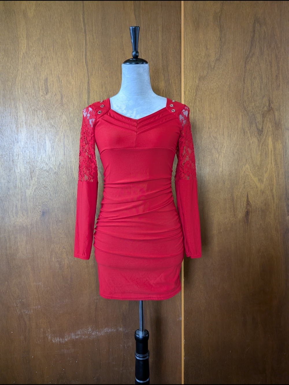 Red Lace-Sleeve Bodycon Dress - Brand